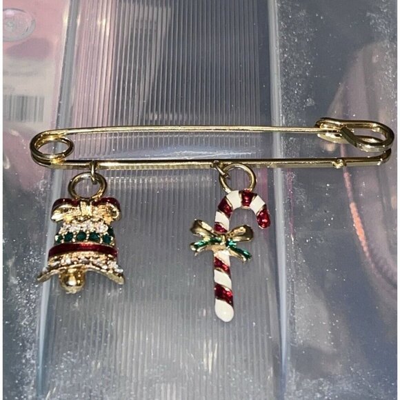 Gold Tone Brooch Safety Pin Christmas Holiday Dangle Charms Bell Candy Cane - Picture 1 of 8